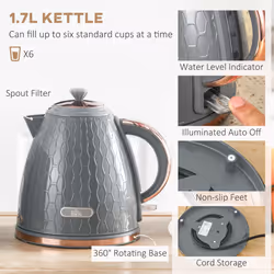 HOMCOM Kettle and Toaster Set 1.7L Fast Boil Kettle & 2 Slice Toaster Set - Grey