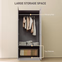HOMCOM Wardrobe for Bedroom, Double Wardrobe with Hanging Rail, Grey
