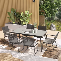 Outsunny 6 Seater Garden Dining Set with Cushions Rattan Backrest, Grey