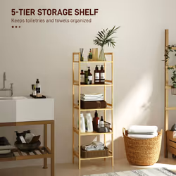 HOMCOM 5-Tier Bamboo Bathroom Storage Shelf with Adjustable Rack, Natural
