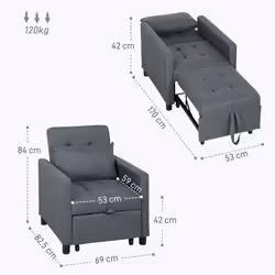 HOMCOM Convertible Single Chair Bed with Upholstered Fabric - Grey