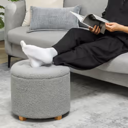 HOMCOM 45cm Round Ottoman with Storage, Lid, Cashmere Footstool, Grey - Additional view 5