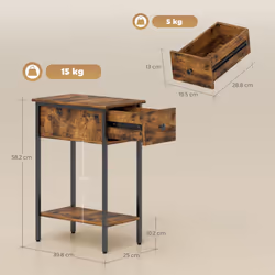 HOMCOM Industrial Slim End Table Nightstand for Small Spaces Rustic Brown
