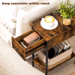 HOMCOM Industrial Slim End Table Nightstand for Small Spaces Rustic Brown