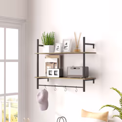 HOMCOM Wall Shelf Unit with 4 Hooks for Living Room, Entryway, Grey