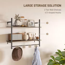 HOMCOM Wall Shelf Unit with 4 Hooks for Living Room, Entryway, Grey