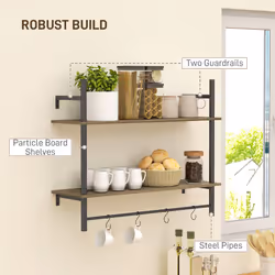 HOMCOM Wall Shelf Unit with 4 Hooks for Living Room, Entryway, Grey