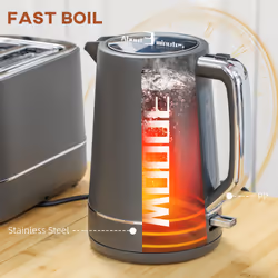 HOMCOM 1.7L 3000W Fast Boil Electric Kettle and 2 Slice Toaster Set, Grey