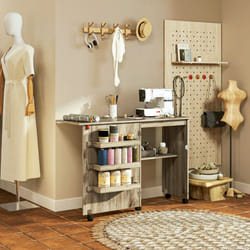HOMCOM Folding Sewing Table Rolling Craft Table with Drop Leaf Wheels Grey