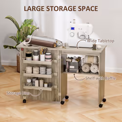 HOMCOM Folding Sewing Table Rolling Craft Table with Drop Leaf Wheels Grey