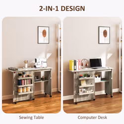 HOMCOM Folding Sewing Table Rolling Craft Table with Drop Leaf Wheels Grey