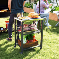 Outsunny 3-Shelf Outdoor Grill Cart, Outdoor Kitchen w/ Stainless Steel Top