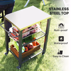 Outsunny 3-Shelf Outdoor Grill Cart, Outdoor Kitchen w/ Stainless Steel Top