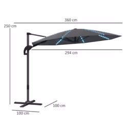 Outsunny 3(m) Garden Parasol w/ Lights, Crank Handle & Cross Base - Grey