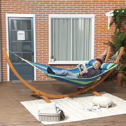 Outsunny Hammock with Stand, Triple-Head Wood Hammock with Cotton Bed, Blue
