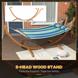 Outsunny Hammock with Stand, Triple-Head Wood Hammock with Cotton Bed, Blue