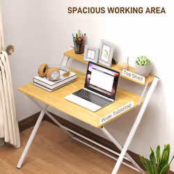 HOMCOM Folding Desk with 2-Tier Shelf for Home Office, Maple Wood-effect