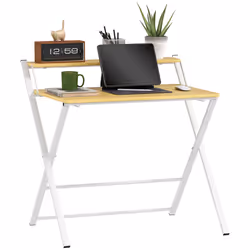 HOMCOM Folding Desk with 2-Tier Shelf for Home Office, Maple Wood-effect - Additional view 8