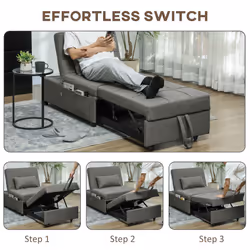 HOMCOM 4-in-1 Pull Out Sleeper Chair Bed with Pockets, Charcoal Grey