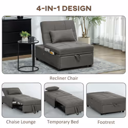 HOMCOM 4-in-1 Pull Out Sleeper Chair Bed with Pockets, Charcoal Grey