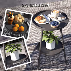 Outsunny Round Garden Table, 2-Tier Metal Patio Table Coffee Table, Black