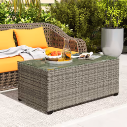 Outsunny Outdoor Coffee Table, Glass Top Rattan Side Table, Dark Grey