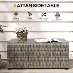 Outsunny Outdoor Coffee Table, Glass Top Rattan Side Table, Dark Grey