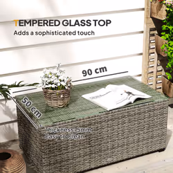 Outsunny Outdoor Coffee Table, Glass Top Rattan Side Table, Dark Grey