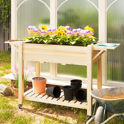 Outsunny Wooden Raised Planter with Lockable Wheels, Liner, Natural
