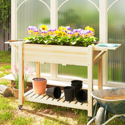 Outsunny Wooden Raised Planter with Lockable Wheels, Liner, Natural
