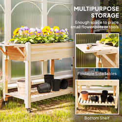 Outsunny Wooden Raised Planter with Lockable Wheels, Liner, Natural