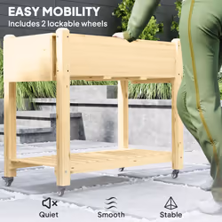 Outsunny Wooden Raised Planter with Lockable Wheels, Liner, Natural