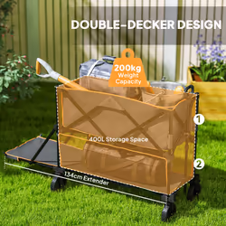 Outsunny Double Decker Folding Trolley Cart on Wheels, 200KG Capacity, Grey