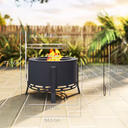 Outsunny Portable Fire Pit, 58 cm Round Firepit with Grill Grate, Black