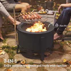 Outsunny Portable Fire Pit, 58 cm Round Firepit with Grill Grate, Black