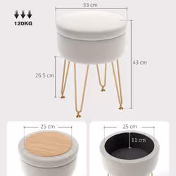 HOMCOM 5L Velvet Footstool with Removable Lid for Bedroom, Cream White - Additional view 5