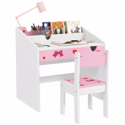 AIYAPLAY Children Study Table and Chair w/ Storage, Pull-out Drawer - Pink