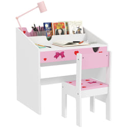 AIYAPLAY Children Study Table and Chair w/ Storage, Pull-out Drawer - Pink