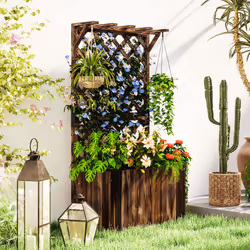 Outsunny Wooden Planter with Trellis and Drainage Holes, Carbonised
