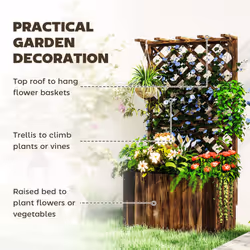 Outsunny Wooden Planter with Trellis and Drainage Holes, Carbonised
