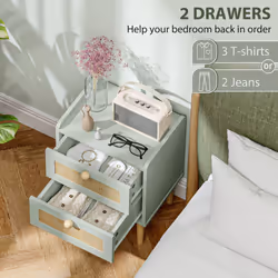 HOMCOM Boho Rattan Bedroom Chest of Drawers, 2 Drawer Dresser, Olive Green