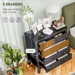 HOMCOM Fluted Bedroom Chest of Drawers w/ 5 Drawers Gold Tone Handles Black