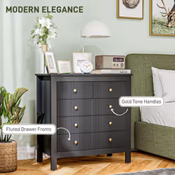 HOMCOM Fluted Bedroom Chest of Drawers w/ 5 Drawers Gold Tone Handles Black