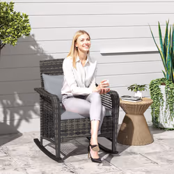 Outsunny Rattan Garden Rocking Chair w/ Seat and Back Cushions - Grey