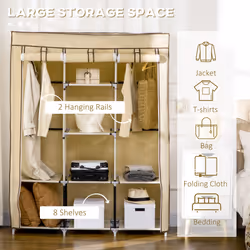 HOMCOM Fabric Portable Wardrobe with 8 Shelves 2 Hanging Rails - Yellow