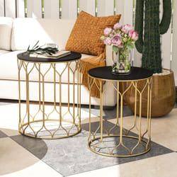 Outsunny Nesting Tables Set of 2, Marble Effect Side Tables, Black