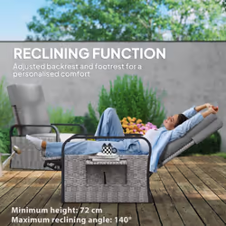 Outsunny Rattan Garden Recliner Chair Sun Lounger w/ Side Tray - Grey