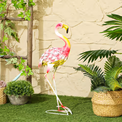 Outsunny Flamingo Garden Statue, Metal Garden Ornament with Stakes, Pink