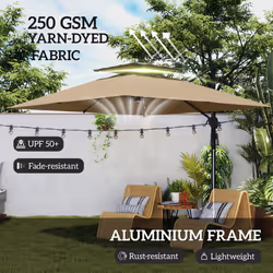 Outsunny 3.5m Aluminium Cantilever Parasol w/ LED Lights Crank Tilt UV50+ Khaki