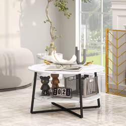 HOMCOM Round Coffee Table with Storage Shelf and Marble Effect Top, White